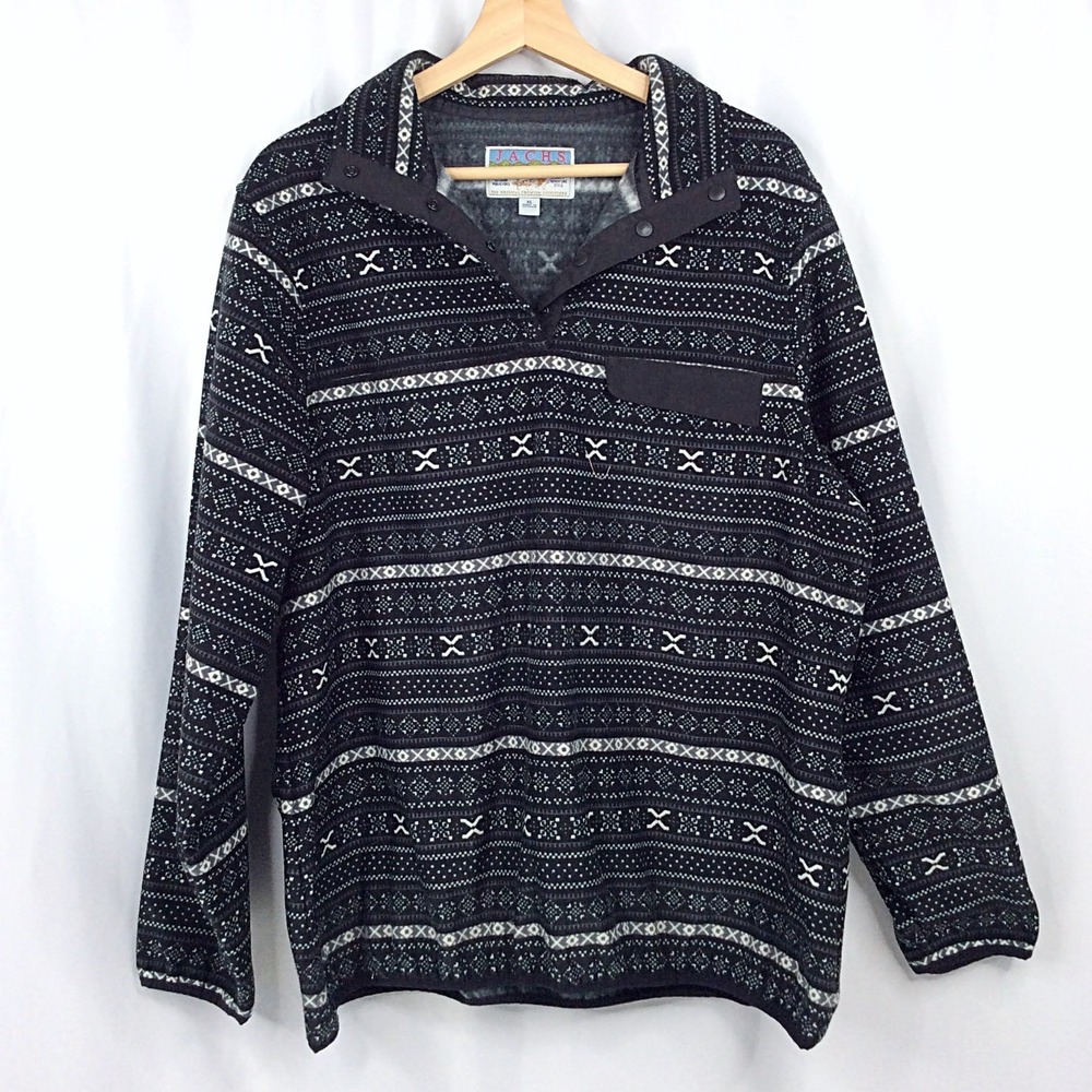 Jachs Cabin Fleece Pullover Sweatshirt Women's Size XL Black Fair Isle Sweater